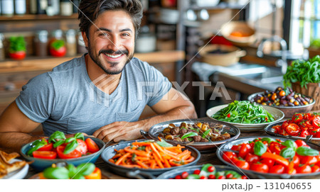 Smiling man with healthy food spread on table, showcasing vibrant dishes and fresh ingredients 131040655