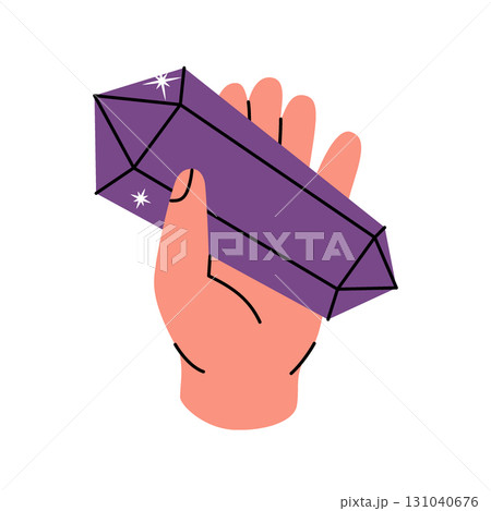 Hand holding a colored crystal. Spirituality crystal. Gemstone, amethyst, ruby, sapphire, emerald, topaz and quartz. Vector illustration. 131040676