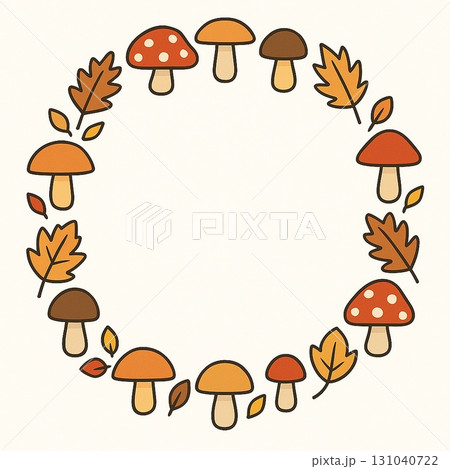 きのこと秋の葉の円形フレーム 131040722