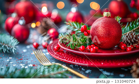 Festive holiday table setting with red ornaments, pine branches, and sparkling decorations for celebration 131040724