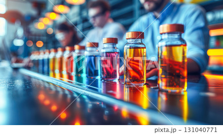 Colorful glass vials filled with liquids on a laboratory table with blurred researchers in background 131040771
