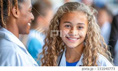 Smiling girl with curly hair wearing lab coat, standing with another woman in a cheerful environment 131040773