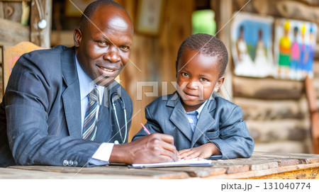 African man and boy in formal attire engaged in creative writing at a rustic wooden table 131040774