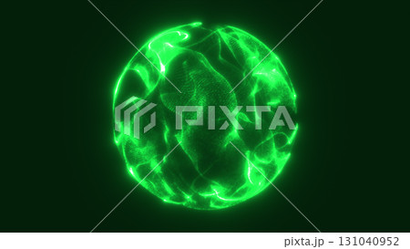 Futuristic glowing green sphere with dynamic light particles, abstract digital energy orb on dark background 131040952