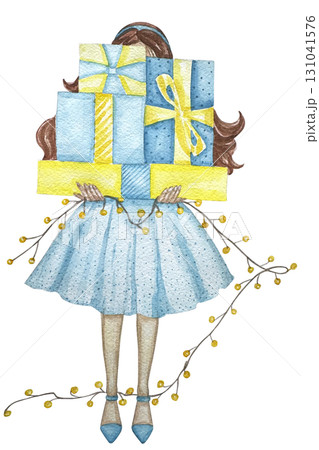 Watercolor illustration of a girl holding a gift box. Christmas look, Fashion illustration. Fashion pretty girl with christmas gifts. 131041576