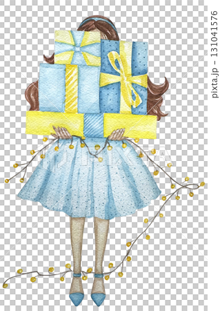 Watercolor illustration of a girl holding a gift box. Christmas look, Fashion illustration. Fashion pretty girl with christmas gifts. 131041576