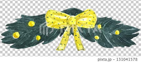 Watercolor Christmas wreath with fir tree branches and yellow balls and bow. Watercolor Christmas wreath with fir tree branches and yellow balls and bow. 131041578