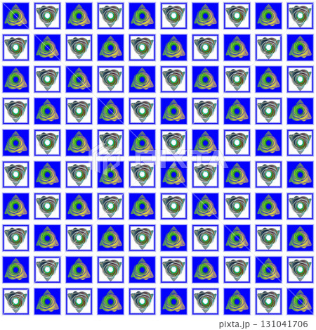 Decorative composition of repeating geometric shapes with a square border.  Repeating geometric pattern in blue square grid. 131041706