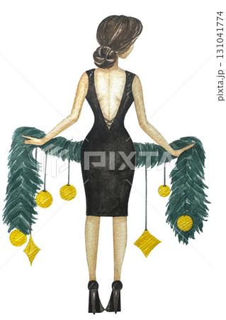 Watercolor illustration of a girl holding a wreath. Christmas look, Fashion illustration. Fashion pretty girl with christmas gifts. 131041774