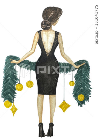 Watercolor illustration of a girl holding a wreath. Christmas look, Fashion illustration. Fashion pretty girl with christmas gifts. 131041775