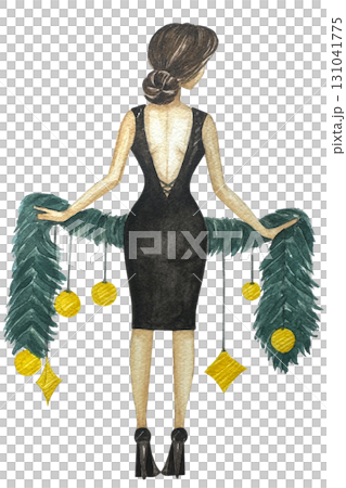 Watercolor illustration of a girl holding a wreath. Christmas look, Fashion illustration. Fashion pretty girl with christmas gifts. 131041775
