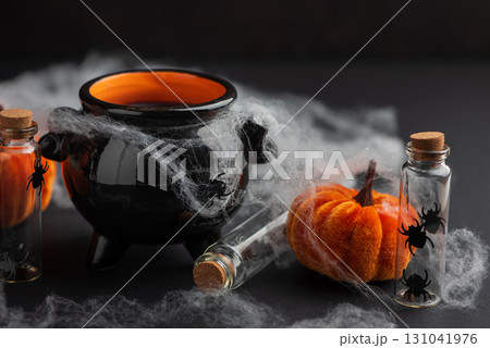 Halloween Cauldron with Pumpkins, Spiders and Cobwebs Halloween Cauldron with Pumpkins, Spiders and Cobwebs 131041976