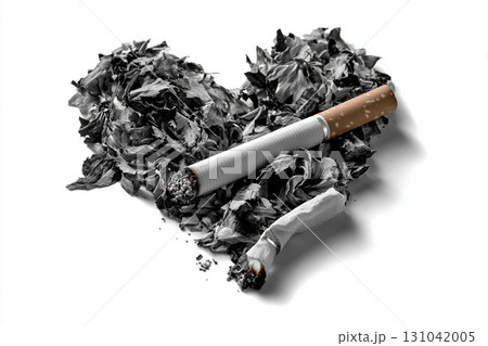 Burned cigarette and rolling paper on dried tobacco leaves arranged in heart shape, conveying addiction and loss 131042005