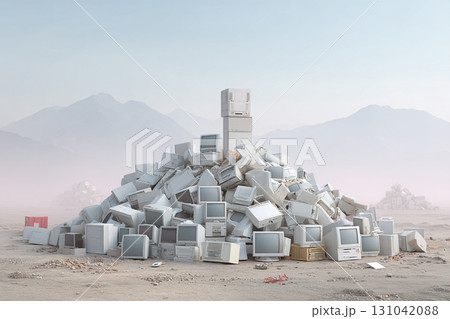 Old computer monitor pile in desert with discarded vintage desktop towers and keyboards evoking environmental concern and retro technology nostalgia 131042088
