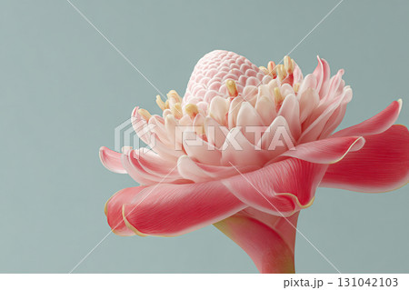 Pink flower with layered petals, close up of tropical torch ginger blossom showing delicate petals, soft pastel tones and serene background evoking calm beauty Pink flower with layered petals, close up of tropical torch ginger blossom showing delicate petals, soft pastel tones and serene background evoking calm beauty 131042103