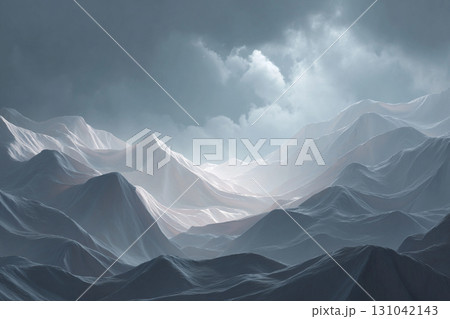 Snow covered mountain range under cloudy sky with soft light and moody atmosphere evoking calm and cold landscape Snow covered mountain range under cloudy sky with soft light and moody atmosphere evoking calm and cold landscape 131042143