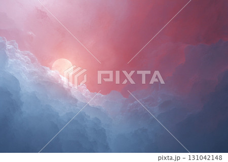 Soft sunrise over layered cloud with warm pink sky and pale sun creating serene morning light 131042148