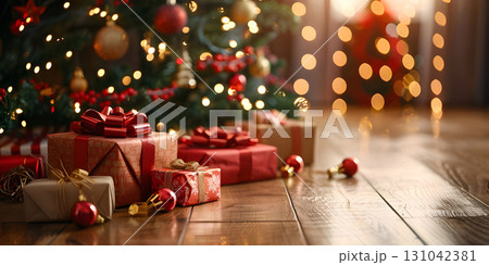 Decorated christmas tree with presents and lights on a wooden floor in warm festive setting 131042381