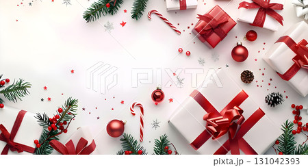 Festive arrangement of gifts ornaments and greenery on a clean white surface top down view 131042393