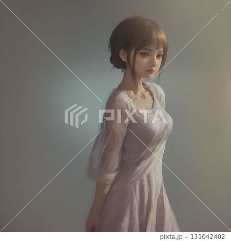 柔らかな光に包まれた白いドレスの人物、静寂と透明感が漂うポートレート 131042402