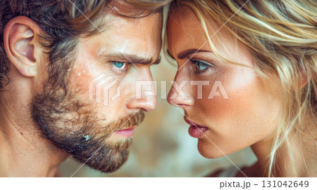 Intense gaze between a man and woman showcasing emotional connection and dramatic expression 131042649