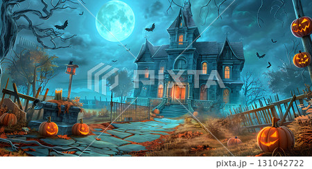 Spooky mansion under a full moon with pumpkins and bats in a halloween night scene creation 131042722