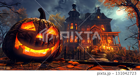 Glowing jack o lantern with haunted mansion under moonlight in autumn halloween night scene view 131042723