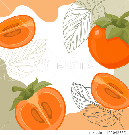 Persimmon background. A composition of ripe persimmons with organic shapes and leaves on an abstract background. Card, banner, poster. 131042825