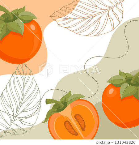 Persimmon background. A composition of ripe persimmons with organic shapes and leaves on an abstract background. Card, banner, poster. 131042826