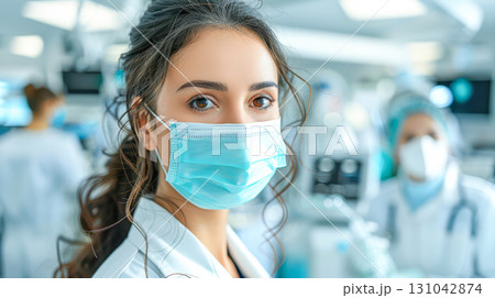 Female healthcare professional wearing mask in modern medical facility with colleagues in background 131042874