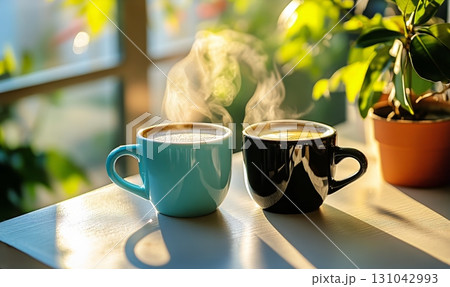 Steam Rising From Two Coffee Cups in a Cozy Morning Setting With Sunlight and Plants 131042993