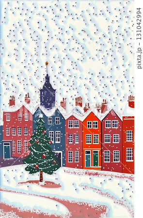 Snowy Village Scene With Colorful Houses and a Christmas Tree During Winter Season 131042994