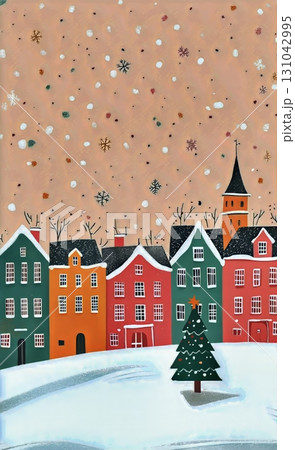 Snowy Village Scene With Colorful Houses and a Christmas Tree During Winter Season. 131042995