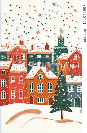 Colorful Houses and a Christmas Tree in a Snowy Winter Scene at Night. 131042997