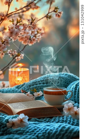 Cozy Morning With a Book, Warm Drink, and Blooming Flowers at Sunrise 131042999