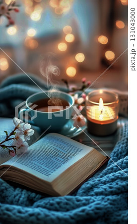 Cozy Morning With a Book, Warm Drink, and Blooming Flowers at Sunrise. 131043000