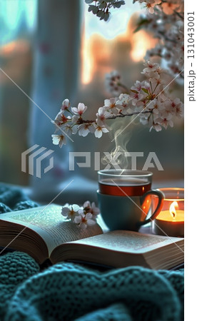 Cozy Afternoon With Tea, a Book, and Blooming Cherry Blossoms by the Window 131043001