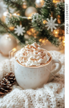 Warm Cup of Whipped Cream Topped Coffee Near Festive Decorations During the Winter Season Warm Cup of Whipped Cream Topped Coffee Near Festive Decorations During the Winter Season 131043007