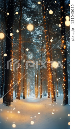 Winter Wonderland With Glowing Lights and Falling Snow in a Forest at Dusk. 131043030