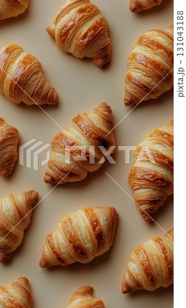 Flaky Golden Croissants Arranged Neatly on a Light Surface Ready for Serving in a Cozy Bakery 131043188