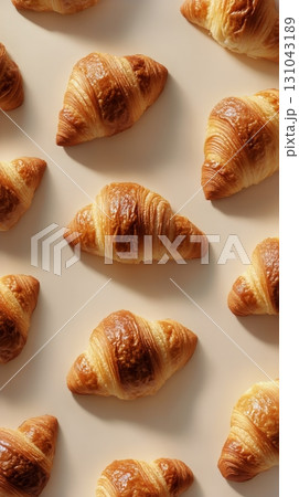 Flaky Golden Croissants Arranged Neatly on a Light Surface Ready for Serving in a Cozy Bakery. 131043189