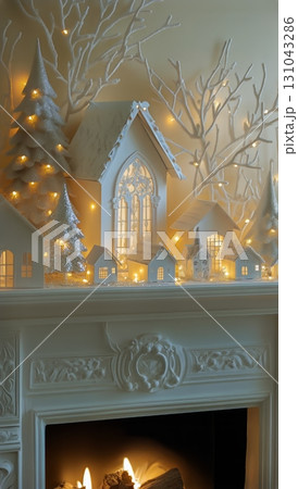 Decorative Winter Village With Warm Lights and Snowy Trees is Set to Create a Festive Holiday Atmosphere. 131043286