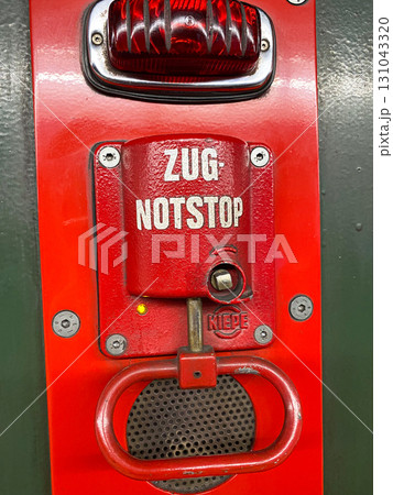 Stop Crane Lever to Stop Train, Text in German Zug-Notstop 131043320