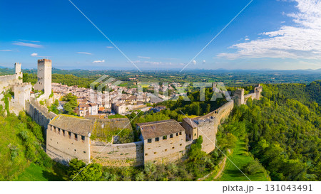 塔のある中世の都市を俯瞰するイラスト 131043491