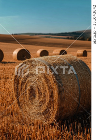 Golden Hay Bales Dotting the Serene Landscape During a Clear Day in Late Summer 131043642