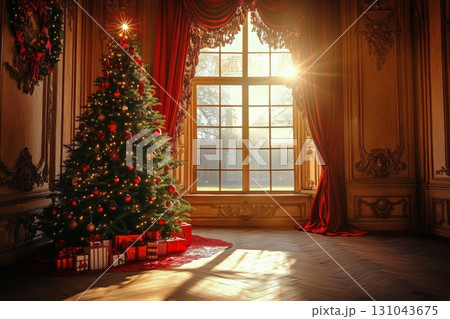 Festive Christmas Tree Adorned With Decorations and Gifts in an Elegant Room With Sunlight Streaming In. 131043675