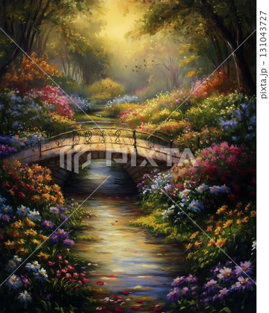 Colorful Flowers Bloom Around a Tranquil Bridge in a Serene Garden During Golden Hour Colorful Flowers Bloom Around a Tranquil Bridge in a Serene Garden During Golden Hour 131043727