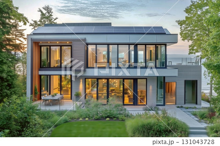 Modern Eco-Friendly House With Solar Panels Set in Lush Greenery at Sunset. 131043728