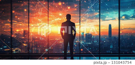 City Skyline at Sunset Reveals a Business Professional Contemplating Future Opportunities 131043754