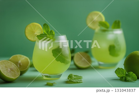 Refreshing Green Drinks With Lime and Mint on Display Against a Bright Green Background. 131043837